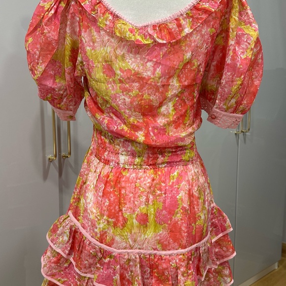 LoveShackFancy Safiya Ruffled Pink and Yellow Silk-blend Floral Mini Dress - Picture 6 of 8